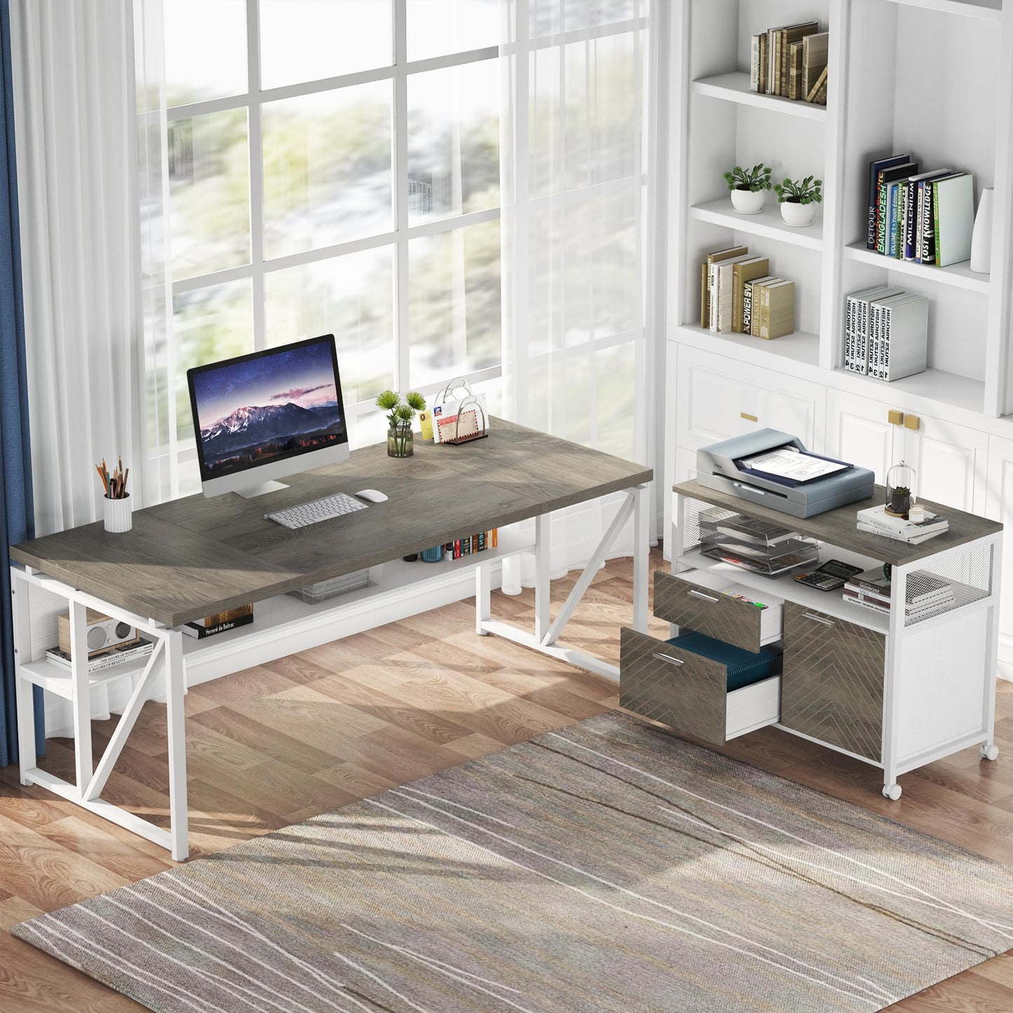 Tribesigns L Shaped Desk with Drawer Cabinet, 63" Executive Computer Desk and lateral File Cabinet, 2 Piece Home Office Furniture with Drawers for Hanging File, Doors with Locks (Dark Oak, 63-inches)