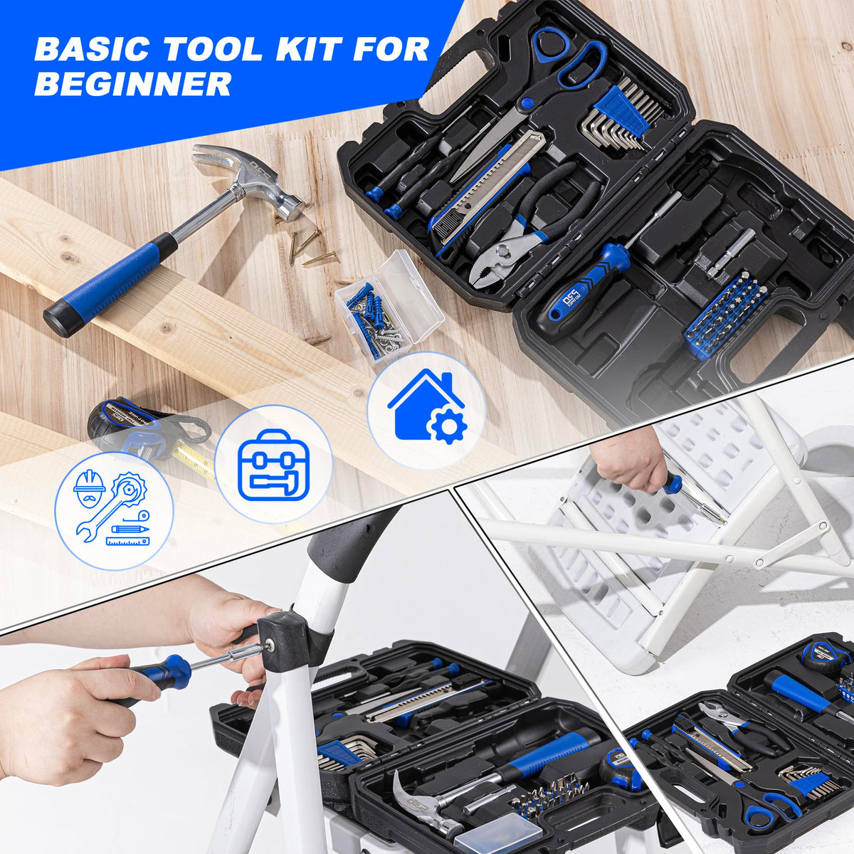 Prostormer 93-Piece Tool Kit, Basic Household Repair Tool Set with Toolbox Storage Case, Small Starter Tool Box Kit for Homeowners and College Students (Blue)