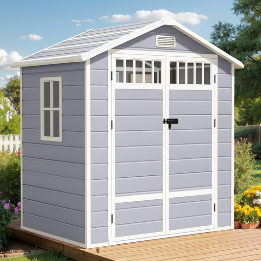 DWVO 6x4.4 FT Resin Storage Shed with Fence-Style and Side Windows, Lockable Door, and Vents for Garden, Backyard, Patio, Lawn, Gray