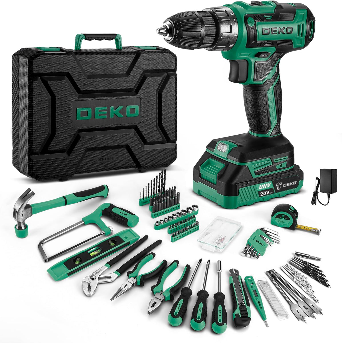 Green Drill Tool Kit Set: 20V Cordless Power Drill Tool Box with Battery Electric Drill Driver for Men Home Hand Repair Basic Toolbox Tools Sets Drills Case