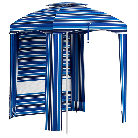 leoglint 5.8' x 5.8' Portable Beach Outdoor Umbrella with Double-Top, Ruffled Outdoor Cabana with Walls, Vents, Sandbags, Carry Bag, Blue Stripe