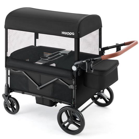 HARPPA Foldable Wagon for Kids, 4 Seater Stroller Wagon with Mosquito Net, Canopy UPF50+, All-Terrain Wheels, Adjustable Handle, One-Button Fold Easy Store for Baby Toddler Multi-Child Families Black