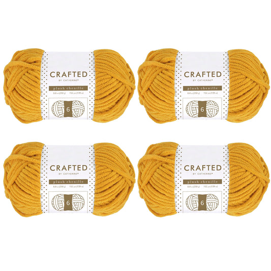 Crafted by Catherine Plush Chenille Yarn for Knitting, Crocheting and Amigurumi - 4 Pack (8.8 oz / 250g, 152 Yards Each Skein), Mustard, Gauge 6 Super Bulky
