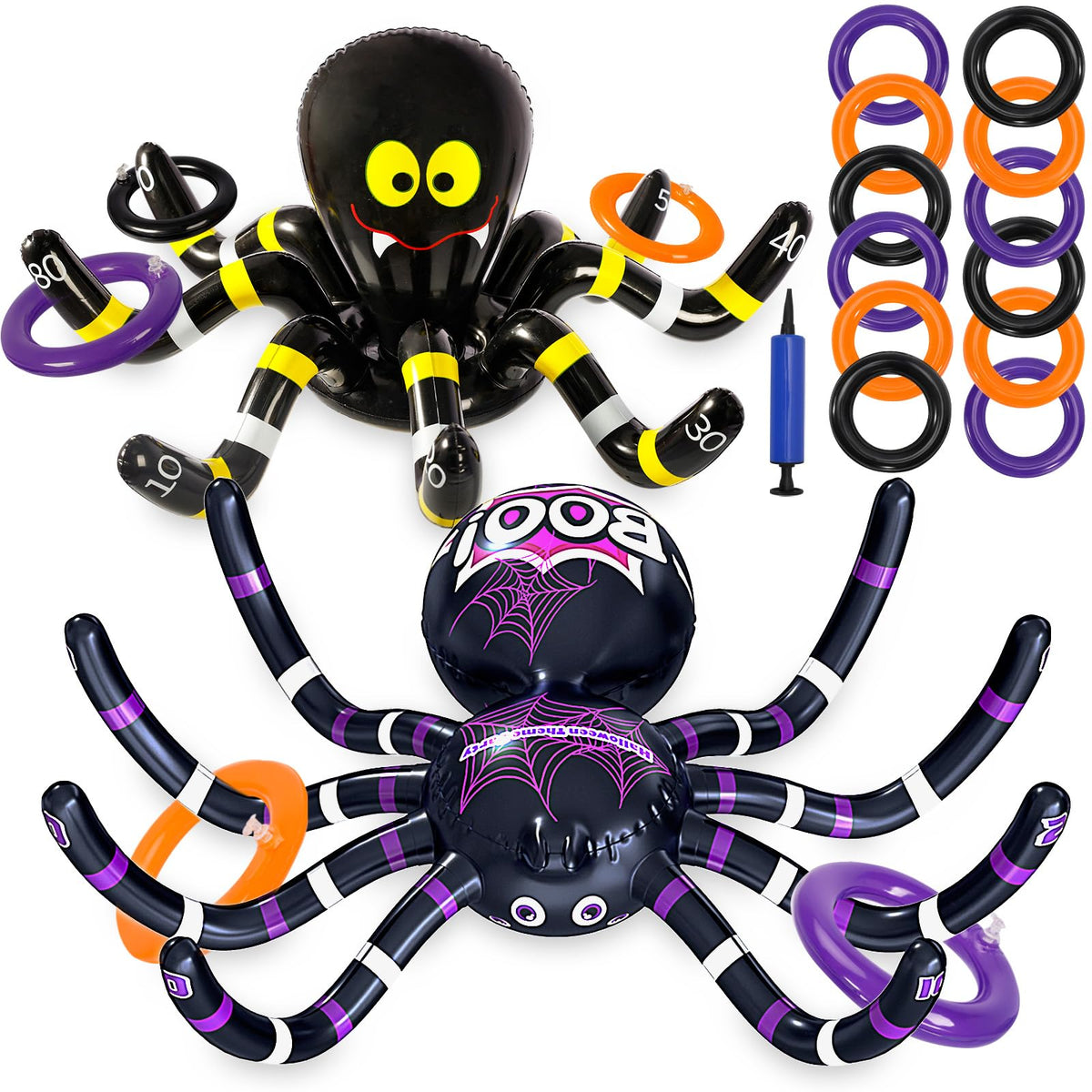 Max Fun Halloween Ring Toss Games for Kids, 2 Pack Inflatable Spiders Set Halloween Party Favor Supplies Holiday Carnival School Decoration Outdoor Indoor Spooky Creepy Game