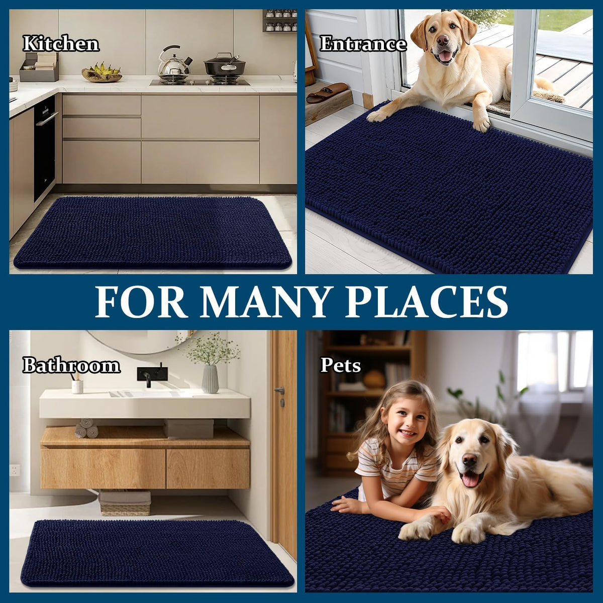 OLANLY Dog Door Mat - Absorbent Non-Slip Washable Doormat for Muddy Paws | 44x24 Navy Blue