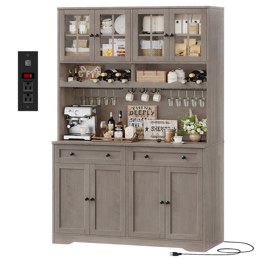 HOSTACK 75.4" Tall Kitchen Pantry Cabinet with Charging Station, Modern White Kitchen Hutch with Microwave Stand and Wine Rack, Large Food Pantry Storage Cabinet with Glass Doors and Drawers, Ash Gray