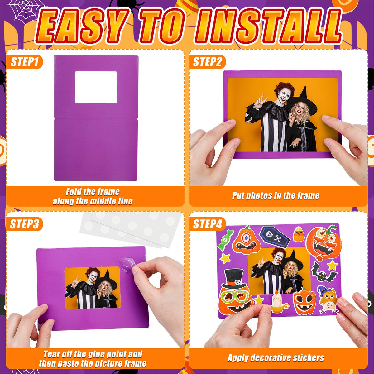 Qunclay 96 Pcs Halloween Picture Frame Craft Pumpkin Make a Face Stickers Picture Frames DIY Photo Frame Craft Classroom Home Game Activities Holiday Gift