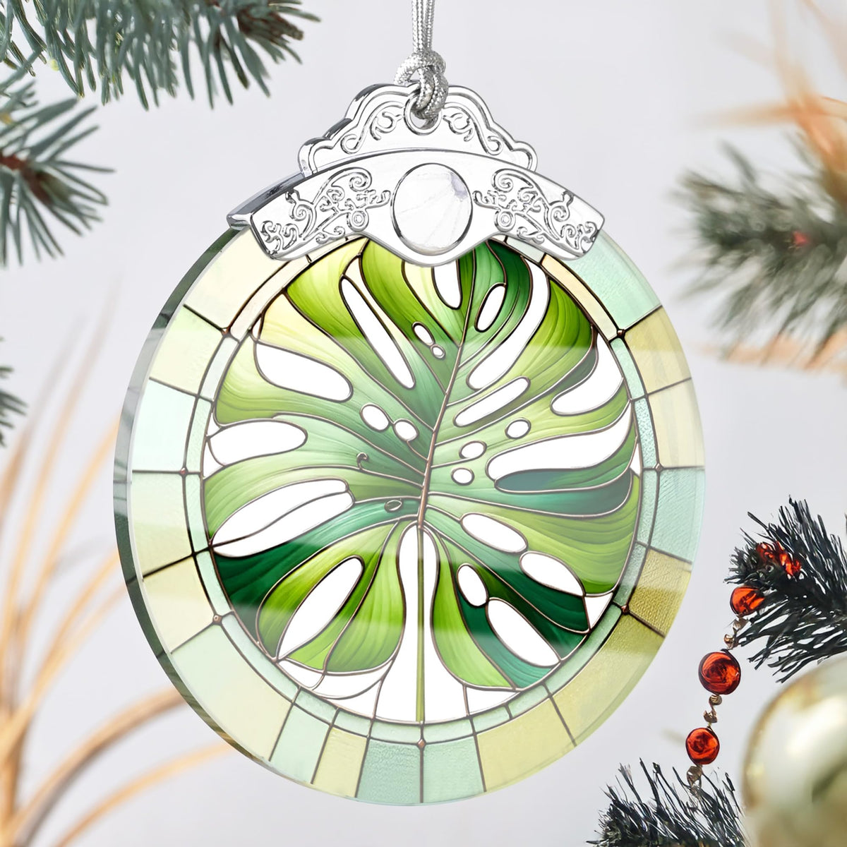 Monstera Leaf Stained Glass Ornament - Christmas Tree Decorations, Holiday Presents, Gift Exchange Ideas