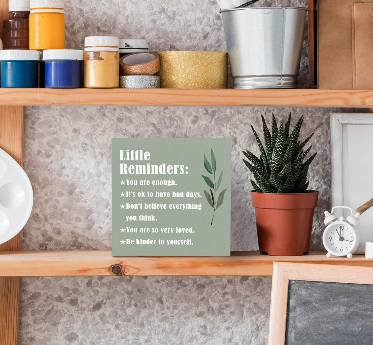 SRADMO Inspirational Little Reminders Wood Box Sign Desk Decor, Inspirational Desk Decor, College Motivational Positive Affirmation Gifts Box Sign For Office Home Dorm Tabletop Shelf Decoration(Greeen)
