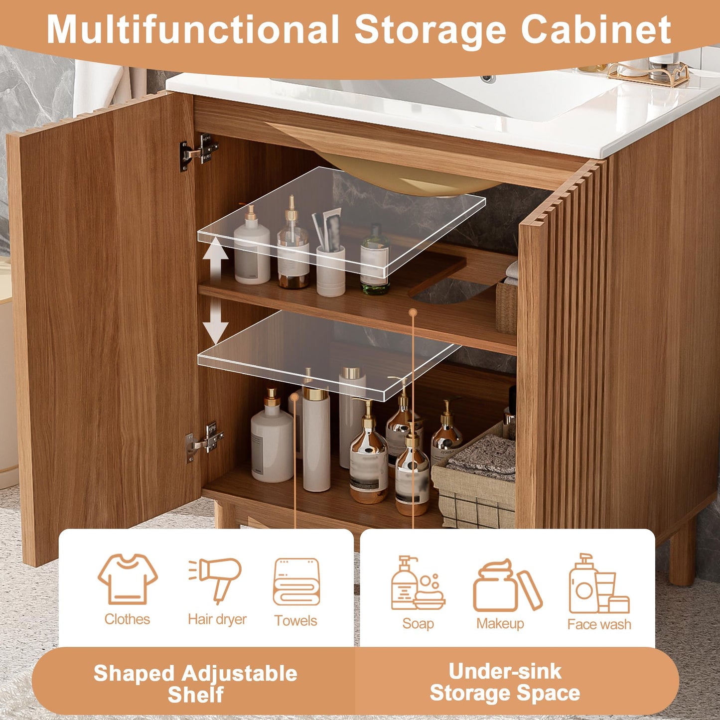 Merax 59.8" Bathroom Vanity with Ceramic Sink, Double Bathroom Vanity Combo, Freestanding Bathroom Cabinet with Wooden Legs, MDF Structure, Soft Close Doors, Adjustable Shelf