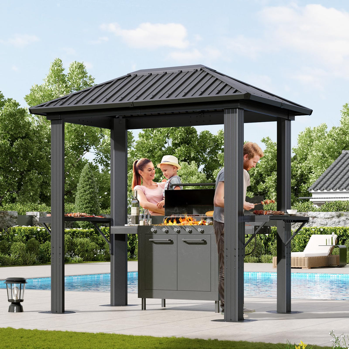Aoxun Grill Hardtop Gazebo 5 x 8 FT, Outdoor Metal Hard Top Gazebo, Permanent BBQ Pavilion with Galvanized Steel Roof, Aluminum Pavilion with Shelves for Lawn, Garden, Patio, Backyard