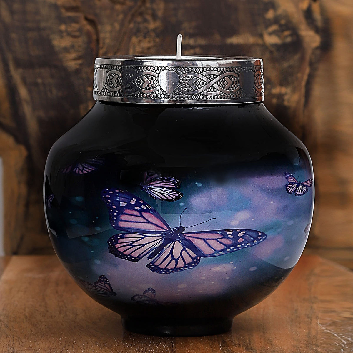 hlc Lovely Black Butterfly Cardinal Couple Bird Candle Urn - Keepsake Urn for Human Ashes with 1 Velvet Box Bag - Peaceful Engraved Memorial Affordable Keepsake Urn (6 x 5 in)