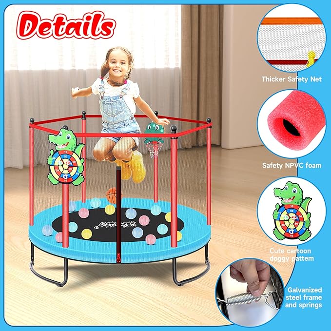 Pink Indoor Trampoline for Kids 2-5, 5ft Mini Indoor & Outdoor Small Toddler Trampoline with Net and Basketball Hoop