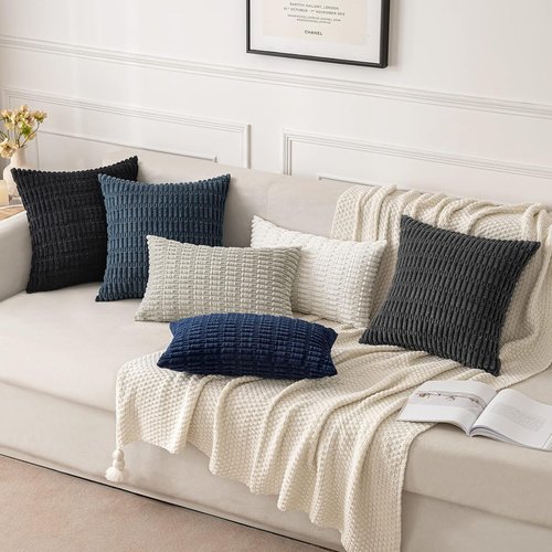 MIULEE Euro Sham Pillow Covers - Soft Boho Striped Corduroy | 24x24 Inch for Modern Farmhouse Decor - Blue