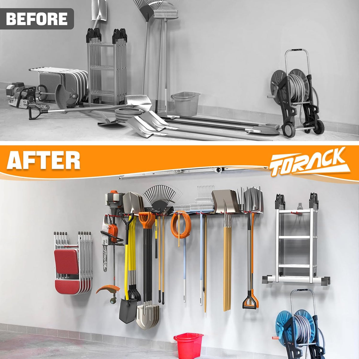 TORACK Garden Tool Organizer - Wall-Mounted Storage Rack for Shovels, Rakes, and Brooms | Space-Saving Design