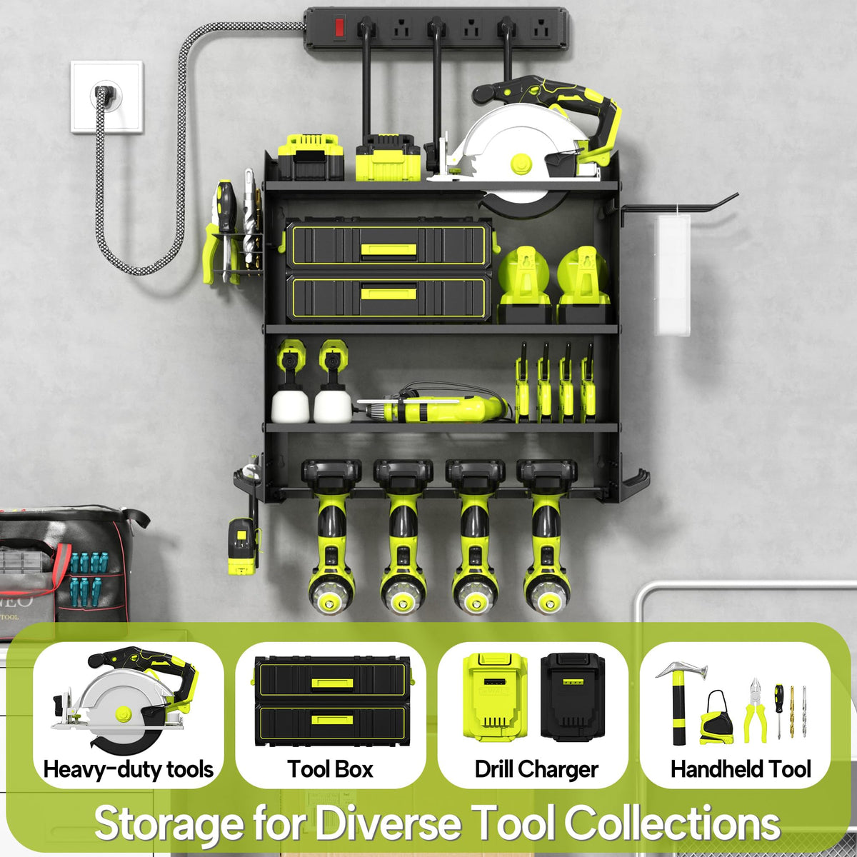 CFMASTER 4 Layer Heavy Duty Power Tool Organizer Wall Mount with Charging Station, Adjustable Metal Storage Rack, 6 Outlets Strip, Drill Holders, Hooks & Drill Bit Rack for Garage, Workshop, Black
