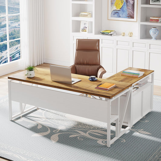 Tribesigns L Shaped Desk with Drawer,63" Executive Computer Desk and lateral File Cabinet, 2 Piece Home Office Furniture for Hanging File, Cabinet with Doors