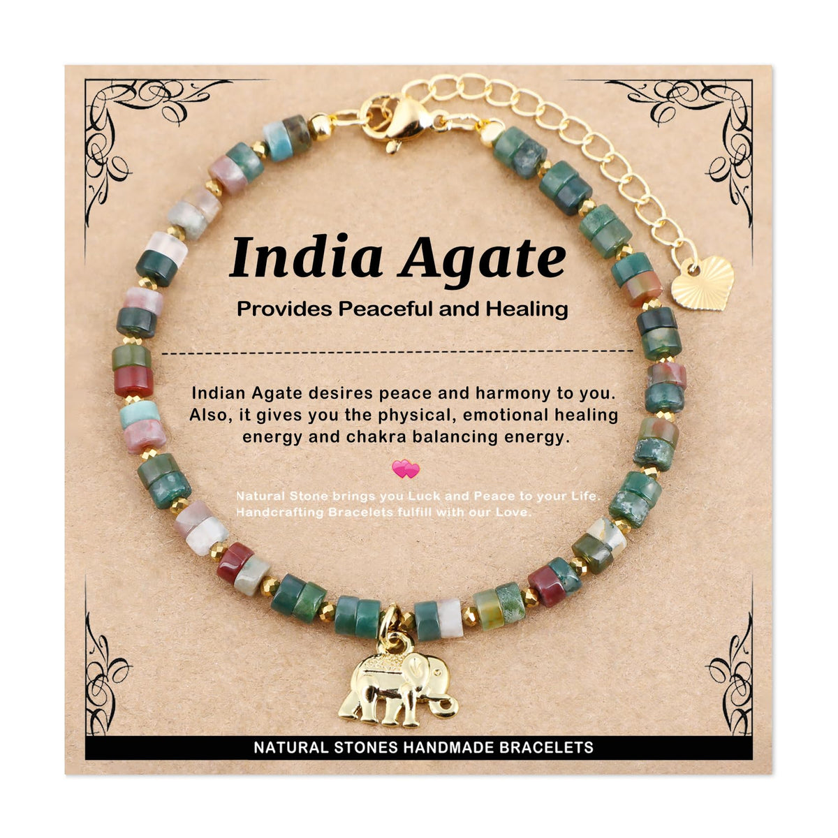 Natural Gemstone Healing Crystal Indian Agate Dainty Charms Elephant Bracelet Adjustable Chain Extender Minimalist Jewelry