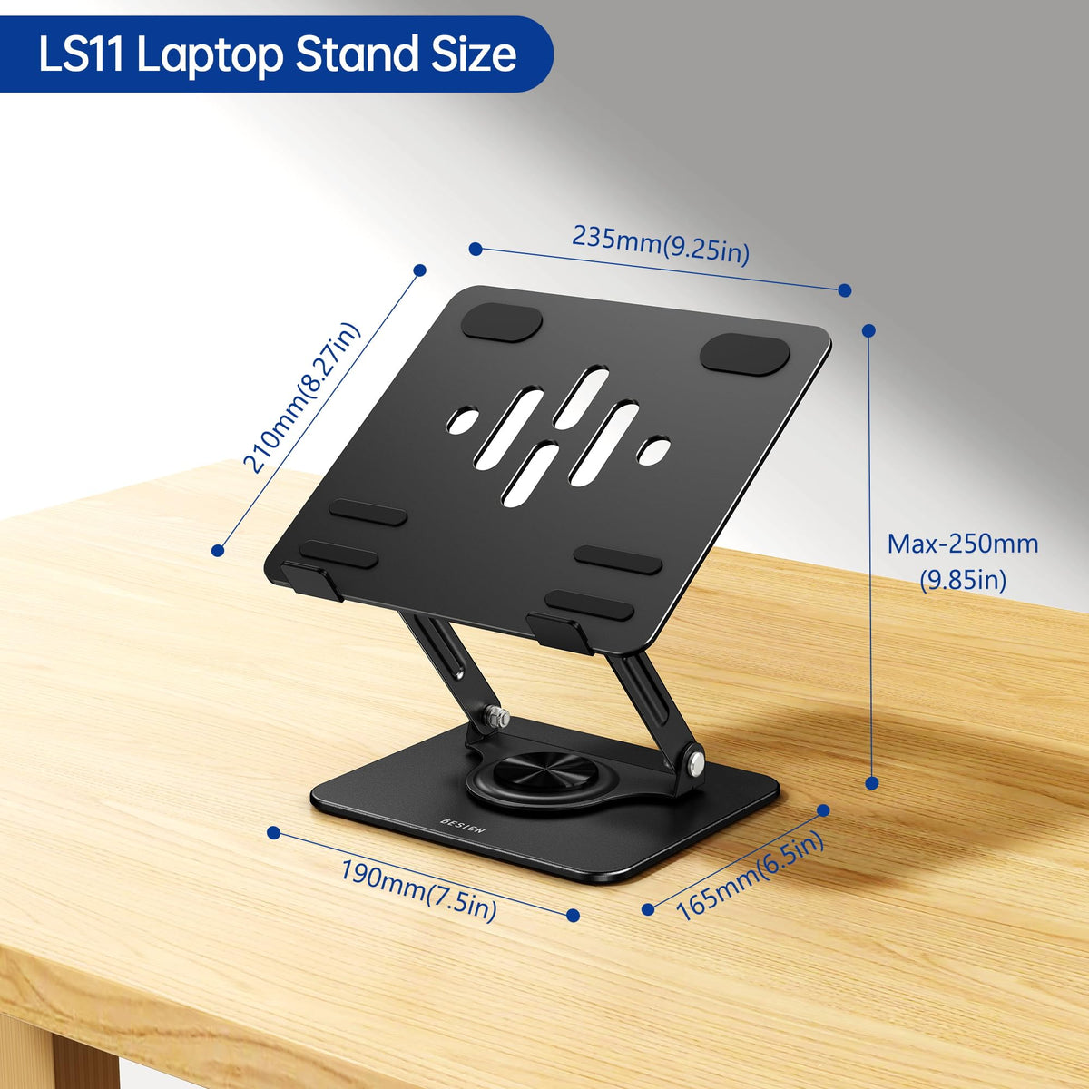 BESIGN LS11 Laptop Stand with 360° Rotating Base, Ergonomic Adjustable Notebook Riser, Foldable Computer Holder Compatible with 10-14" Laptops (Black)