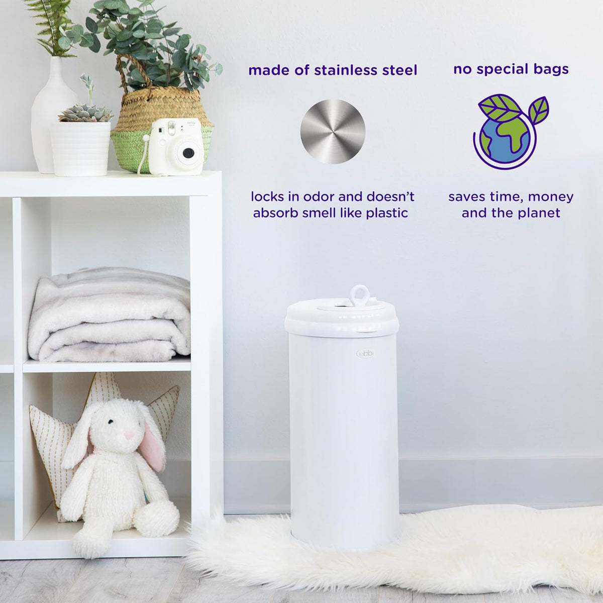 Ubbi Stainless Steel Diaper Pail - Odor Locking Design, No Special Bags Needed | Fig Blossom Color