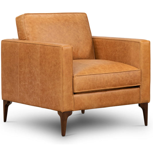 Poly & BARK Mateo Leather Lounge Chair – Cognac Tan Full-Grain Leather Upholstery – Modern Upholstered Accent Chair for Living Room or Bedroom – Indoor Lounge Seating with Timeless Comfort