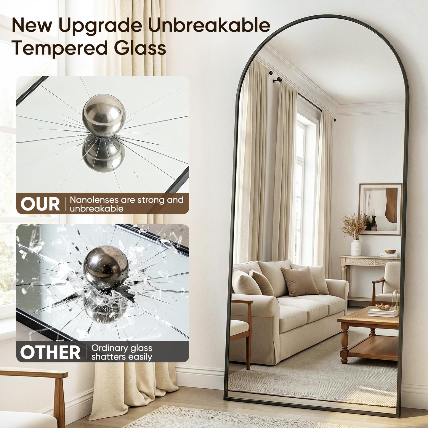 Antok Full Length Mirror, 81"x41" Floor Mirror with Stand, Hanging Mounted Mirrors for Bedroom, Living Room, Cloakroom, Dining Room, Black, Arched