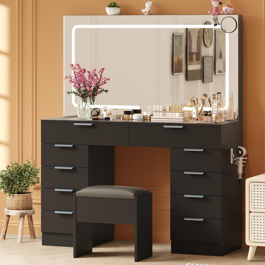 IDEALHOUSE Large Vanity Desk with Mirror, Clear Glass Top, Stool, LED Lights and Power Outlet, 45'' Width Makeup Vanity Table Set with 10 Drawers for Bedroom Dressing Room