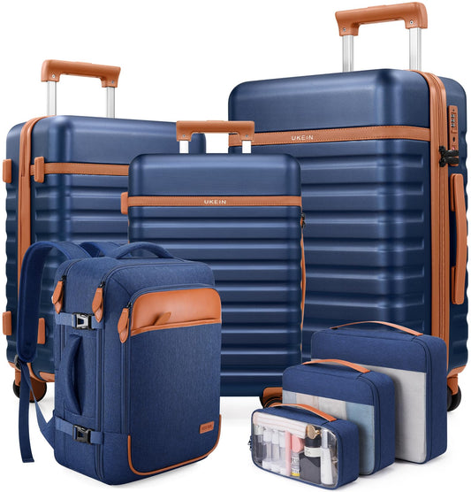 UKEIN PRO Luggage Sets 7 Piece, Durable Hardside ABS Carry on Luggage with Spinner Wheels & YKK Zipper TSA Lock, Large Checked Travel Suitcase With Backpack Set for Men and Women,20/24/28 Inch