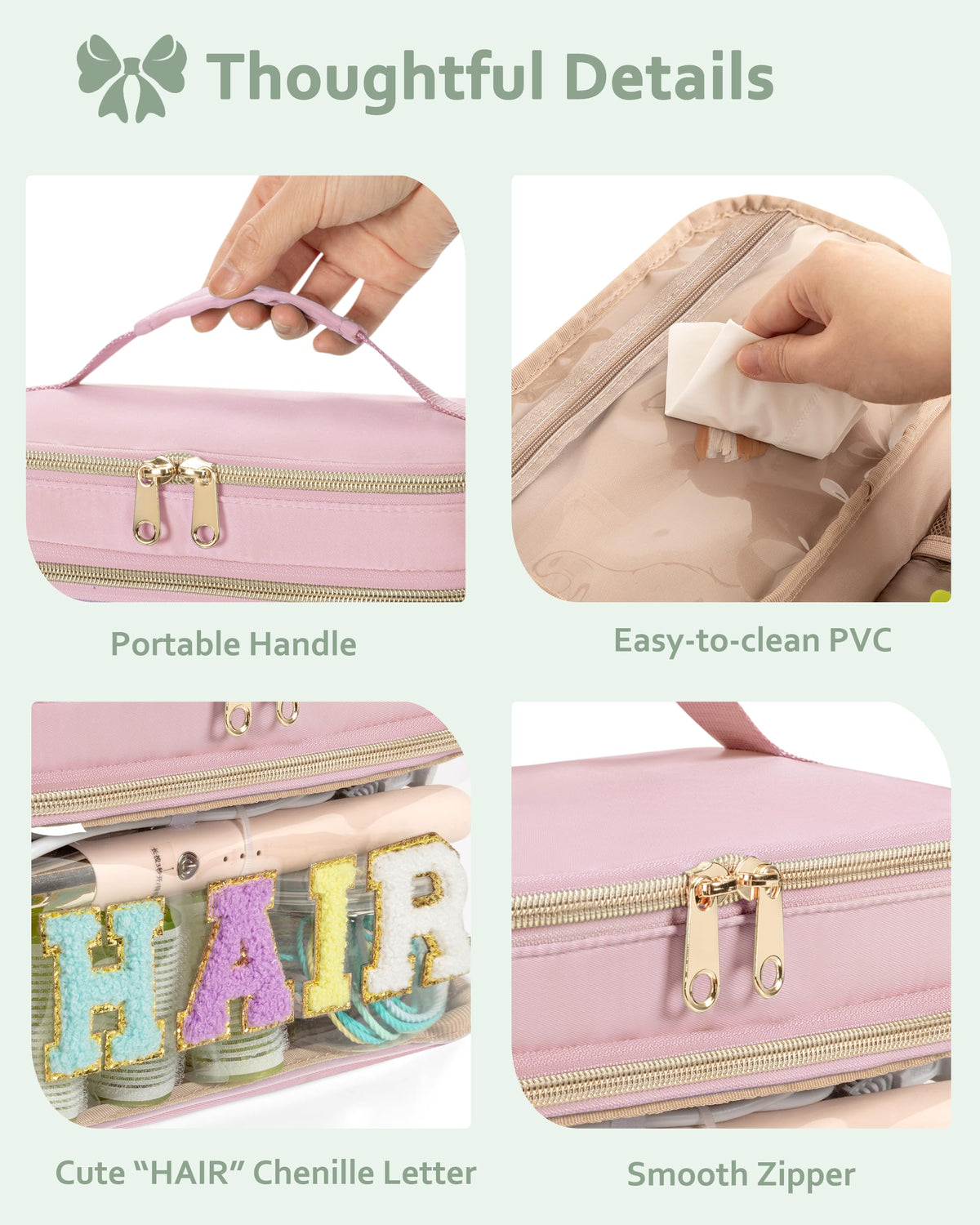 Fasrom Double Layer Hair Accessories Organizer, Preppy Patch Makeup Bag with HAIR Chenille Letter, Portable Travel Cosmetic Pouch Clear Toiletry Case for Women Girl, Pink(Bag Only, Patent Design)