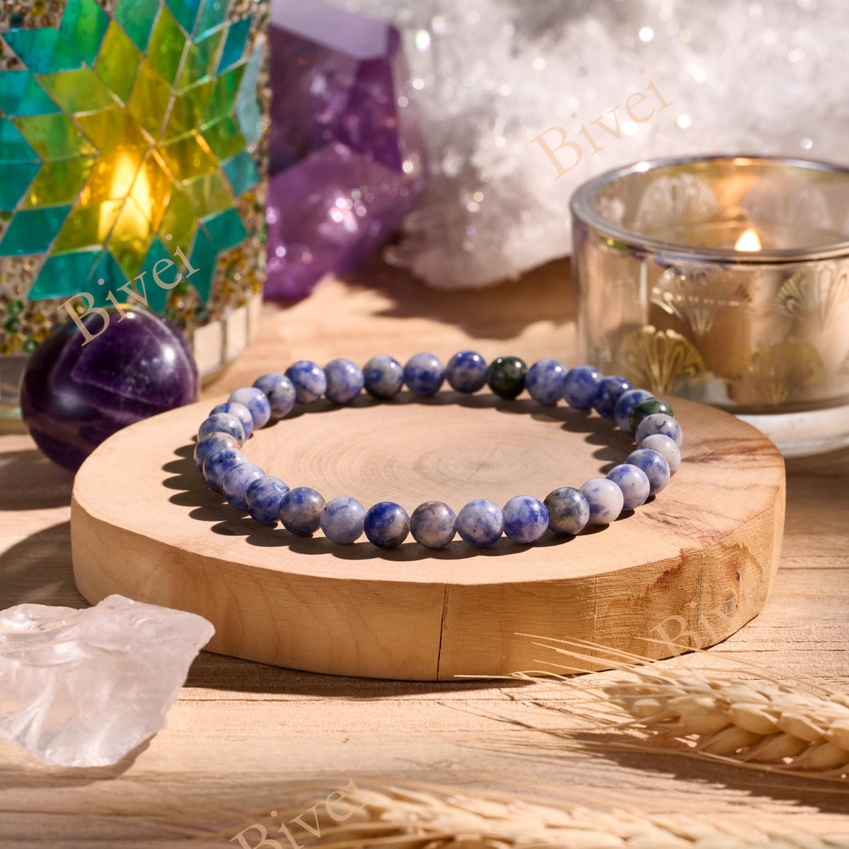 Bivei Blue Spotted Jasper-Calm Flow-6mm Beaded Bracelets for Women Handmade Semi Precious Natural Stone Stretch Elastic Jewelry for Women Yoga Protection Gifts