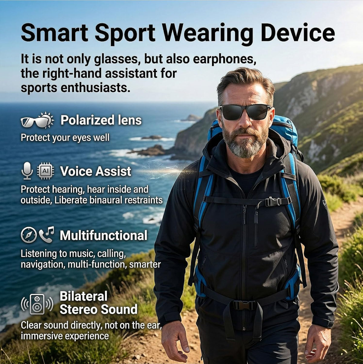 Fecoul 164 Glasses-M01-Black) AI Smart Bluetooth Glasses with Languages Translator with Speaker Photochromic Lenses