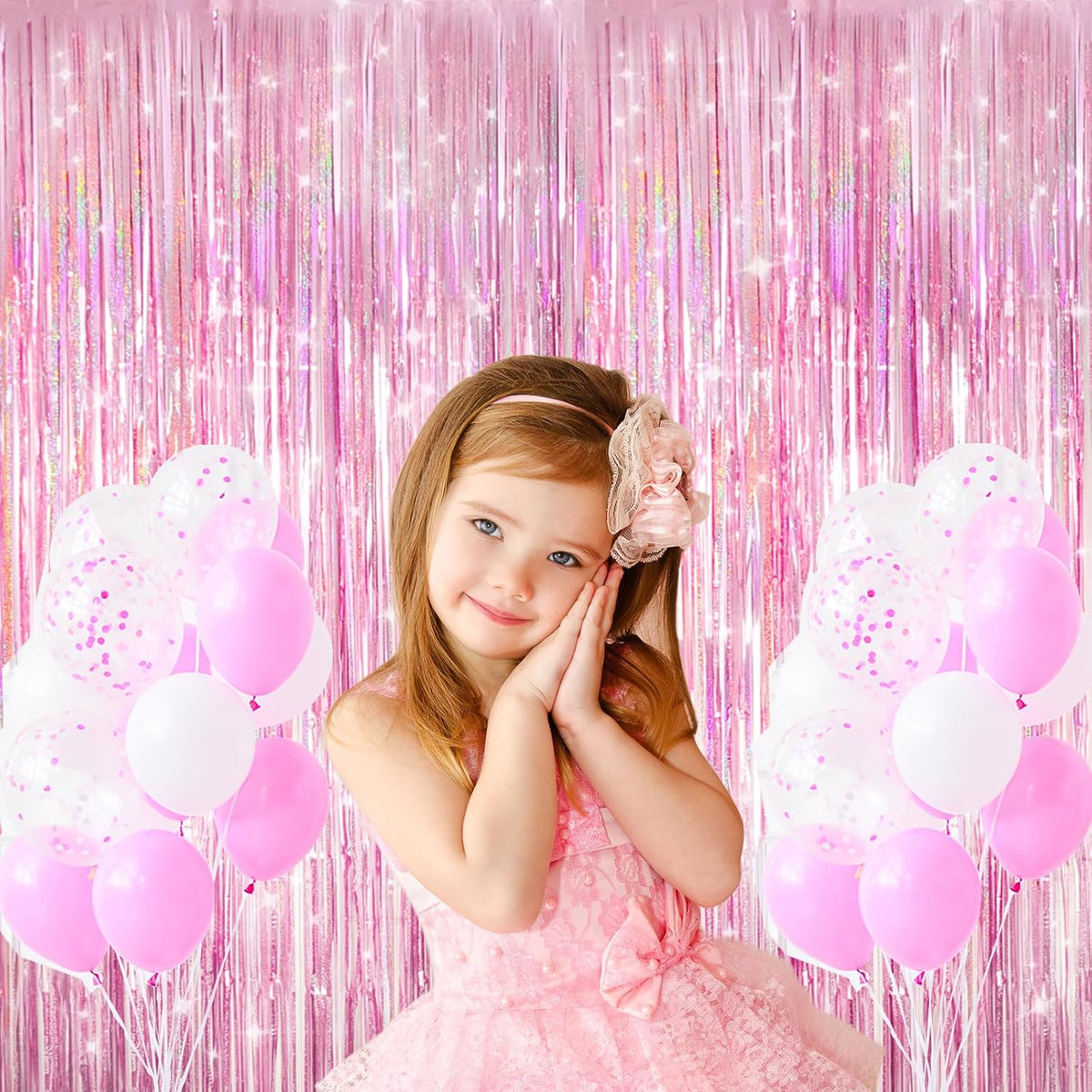 Skiennix Shiny Pink Tinsel Foil Fringe Curtains - 2 Pack Party Backdrop for Birthday & Baby Showers