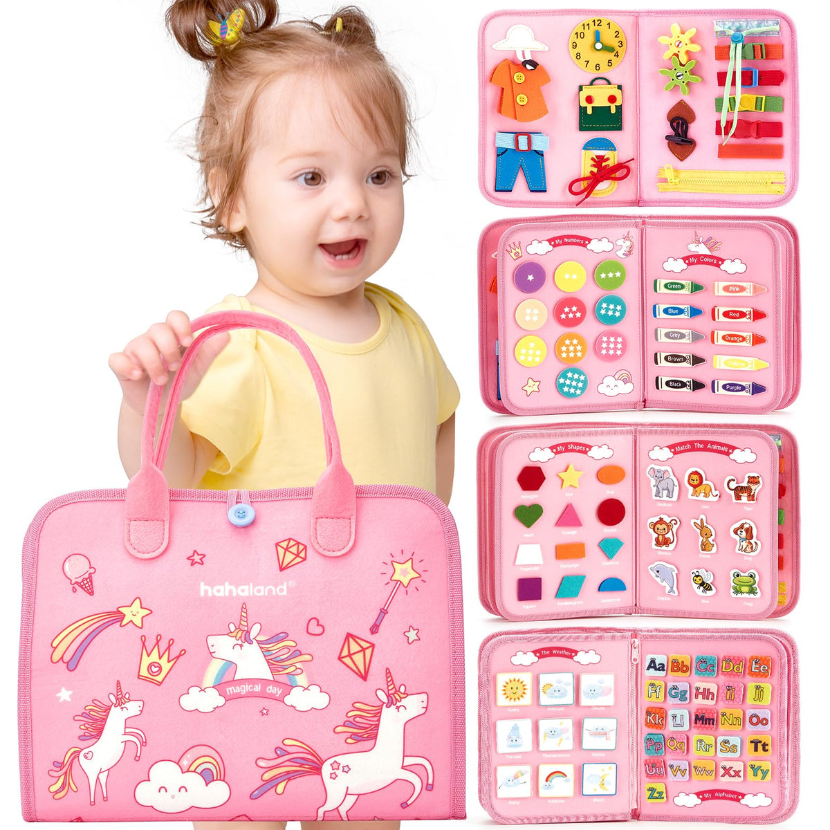 hahaland Toddler Busy Board Montessori Toys for 3 Year Old Girl Gifts, Educational Learning Toys with Life Skills, Alphabet, Number, Shape, Color, Car Ride Airplane Travel Toy Toddlers Girls Busy Book