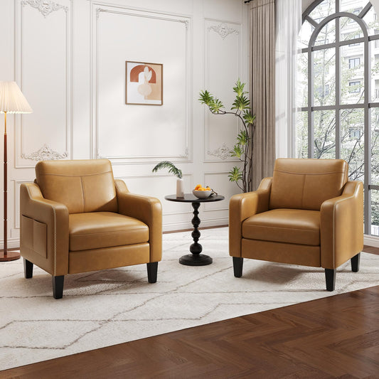 MALOL PU Leather Accent Chair Set of 2, Mid-Century Modern Living Room Armchair Sofa with Removable Cushions, Solid Wood Frame & Stitched Armrest Design, Bedroom Chair with Plastic Legs, Brown