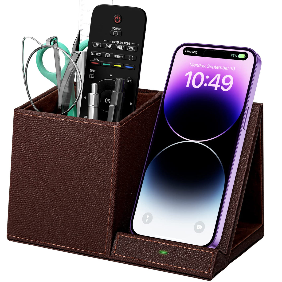 Desk Supplies Organizer, Multi-Functional Pencil Pen Holder with Wireless Charger, Desktop Stationery Organizer, Home Office Supply Storage Box Caddy (Brown)