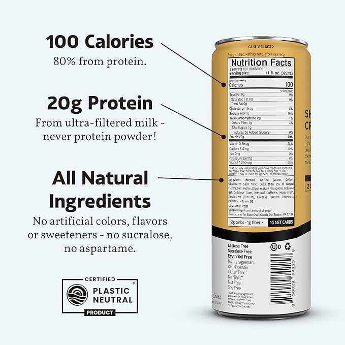 Slate Milk - High Protein Iced Coffee - Caramel Latte - 175mg Caffeine, Lactose Free Energy - 20g Protein, 1g Sugar, 100 Calories, 1g Net Carbs, No Sugar Added - Protein Coffee - 11 fl oz, 12 Cans