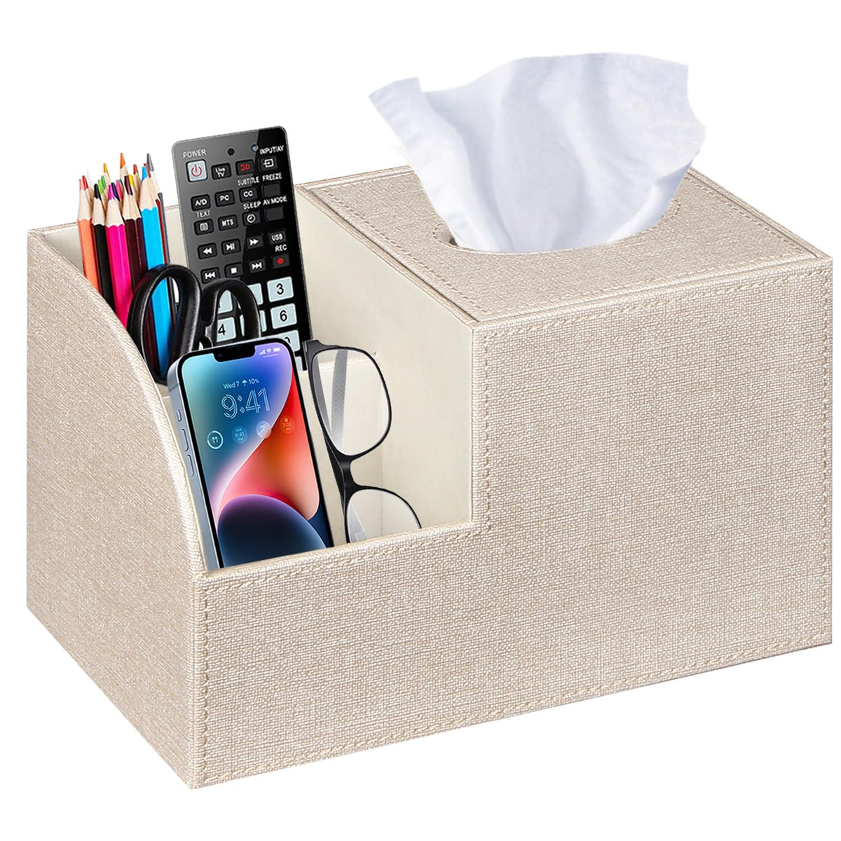 PU Leather Square Tissue Box Cover - Multi-Functional Tissue Box Holder, Tissue Box Cover with Storage,Tissue and Remote Control Holder, Cube Tissue Box Organizer Bedroom Nightstand End Table