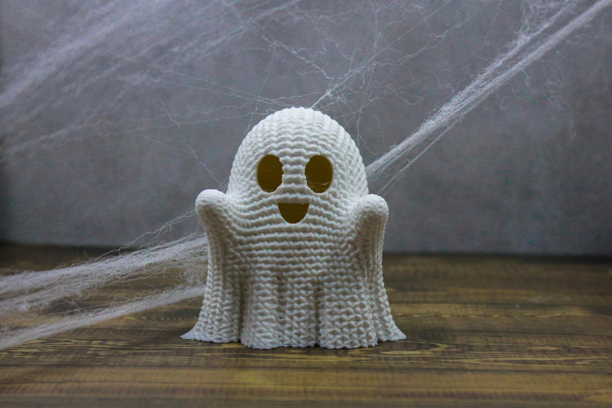 Charming Crocheted Ghost with LED Tea Light – Cute Halloween Ghost Decor – Spooky Crochet Ghost Table Centerpiece – Light Up 3D Printed Decoration for Home and Party Decor