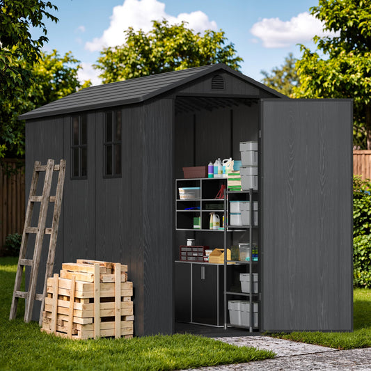 Devoko 4×8 FT Resin Storage Shed with Floor, Garden Plastic Outdoor Shed with Window and Lockable Door, Waterproof Outside Tool shed for Backyard Patio, Dark Grey