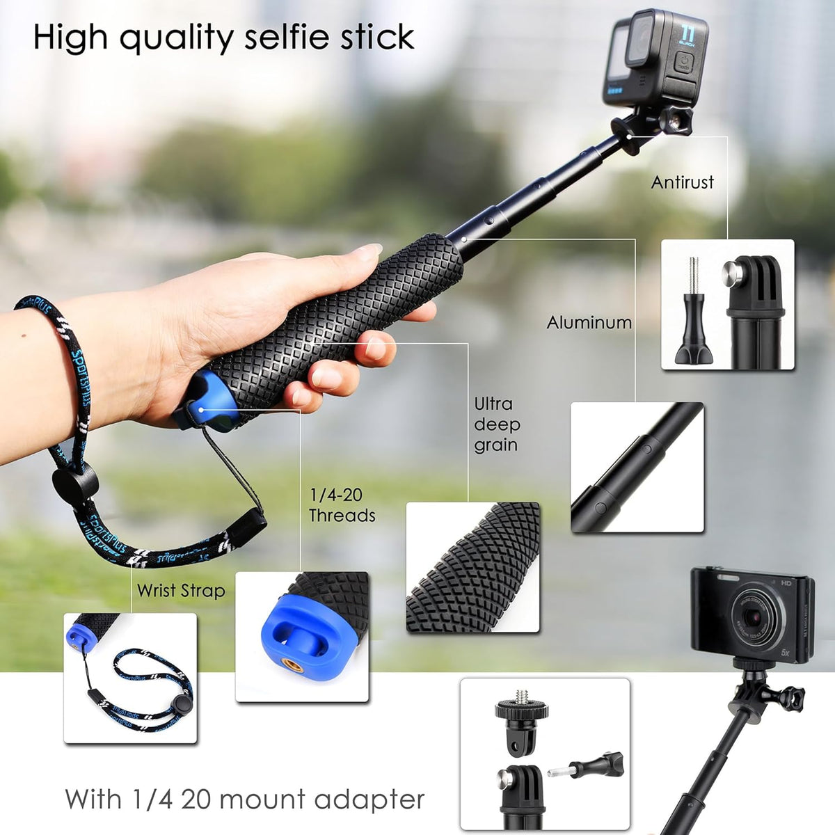 YALLSAME 7''-23'' 13 12 11 10 9 8 7 6/AKASO/DJI 6 5 4 3, Extendable Selfie Stick for GoPro, Waterproof Handle Grip