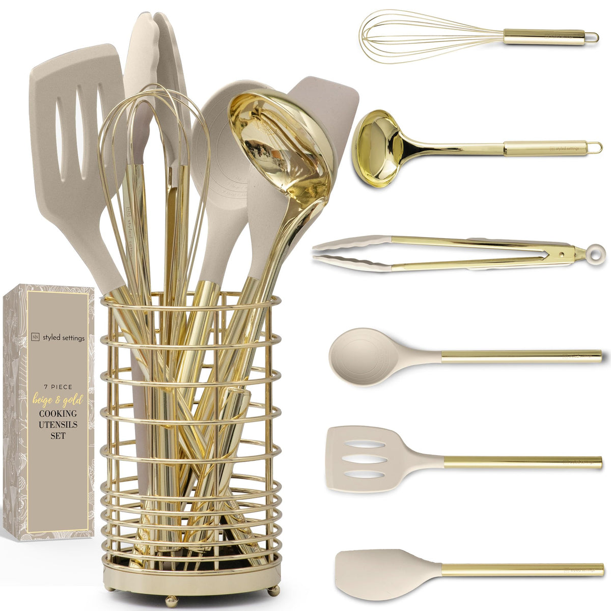 7-Piece Beige & Gold Kitchen Utensils Set – Non-Toxic Silicone & Stainless Steel Tools for Cooking, Serving, & Hosting – Ideal for Nonstick Cookware & Modern Kitchens, with Gold Utensil Holder