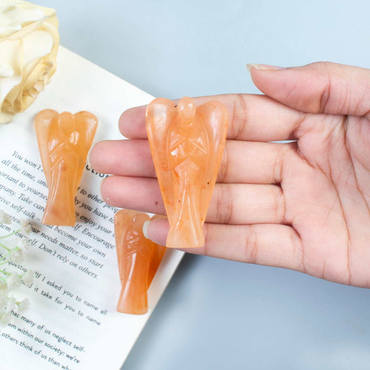 "Red Aventurine Gemstone Guardian Angel Healing Crystal, Hand Carved Pocket Angel Figurine Handmade Mini Statue for Love, Peace & Healing, Crystals for Positive Energy, Natural Gemstone Figurine"