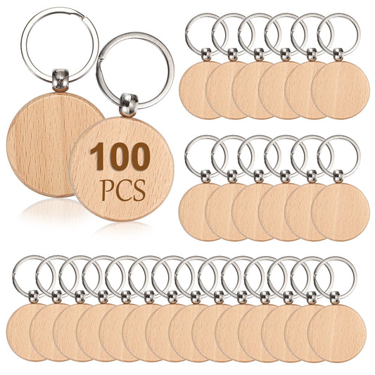 JUXYES 100 PCS Unfinished Wooden Keychain Blanks for Engraving, Wood Engraving Blanks Key Chain, DIY Round Wood Keychain Tags Unfinished Wooden Key Ring, 40mm