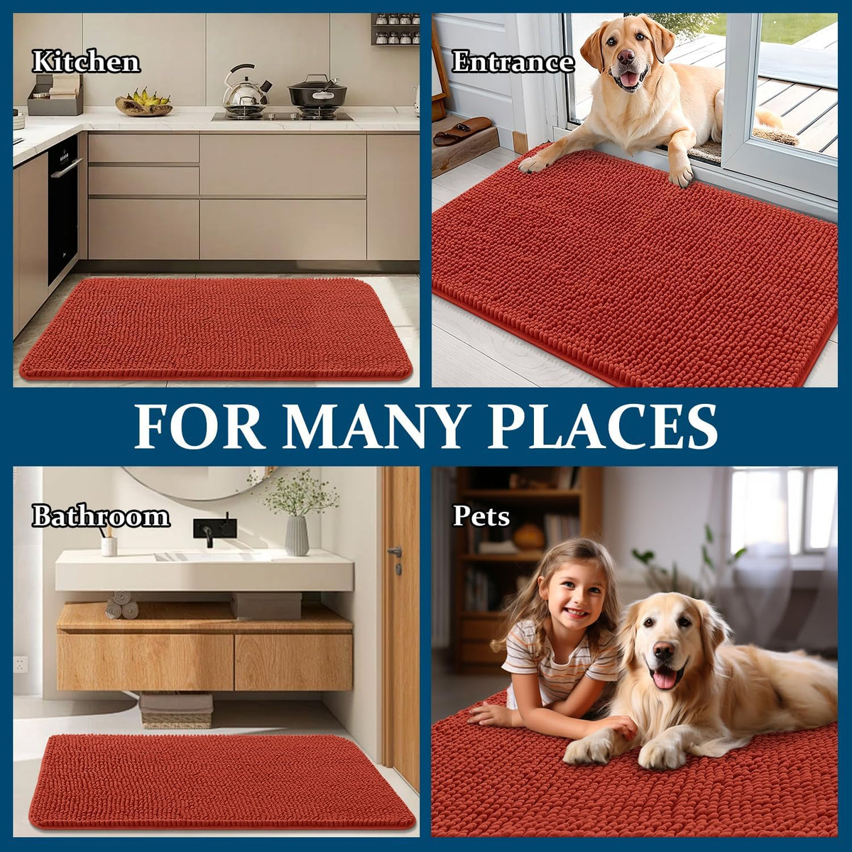 OLANLY Dog Door Mat - Absorbent Non-Slip Chenille for Muddy Paws | 47x20, Quick Dry, Maple Red