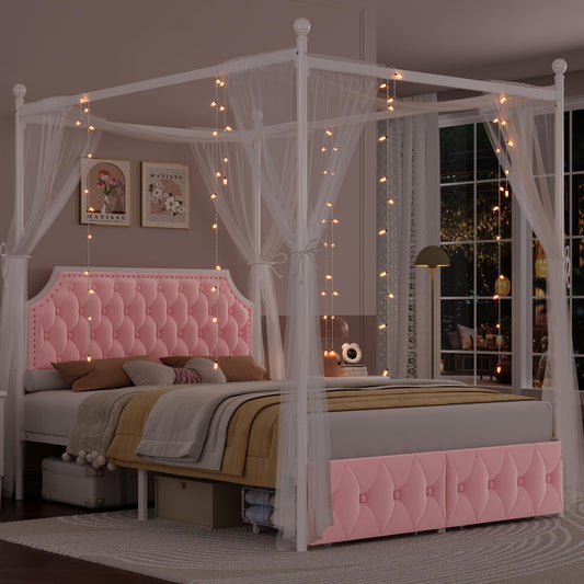 Keyluv Queen Upholstered Canopy Bed Frame with 2 Storage Drawers & Button Tufted Headboard, Metal Platform Bed with 4 Removable Posts, Two-Purpose Velvet Bed, Pink/Curtain Not Included