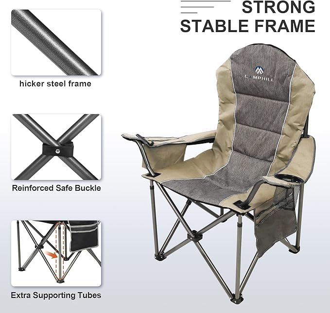 Folding Camping Chair:Oversized Portable Lawn Chairs for Adults,Outdoor Heavy Duty Padded Seats,Support 350 LBS,for Camp,Travel & Picnic