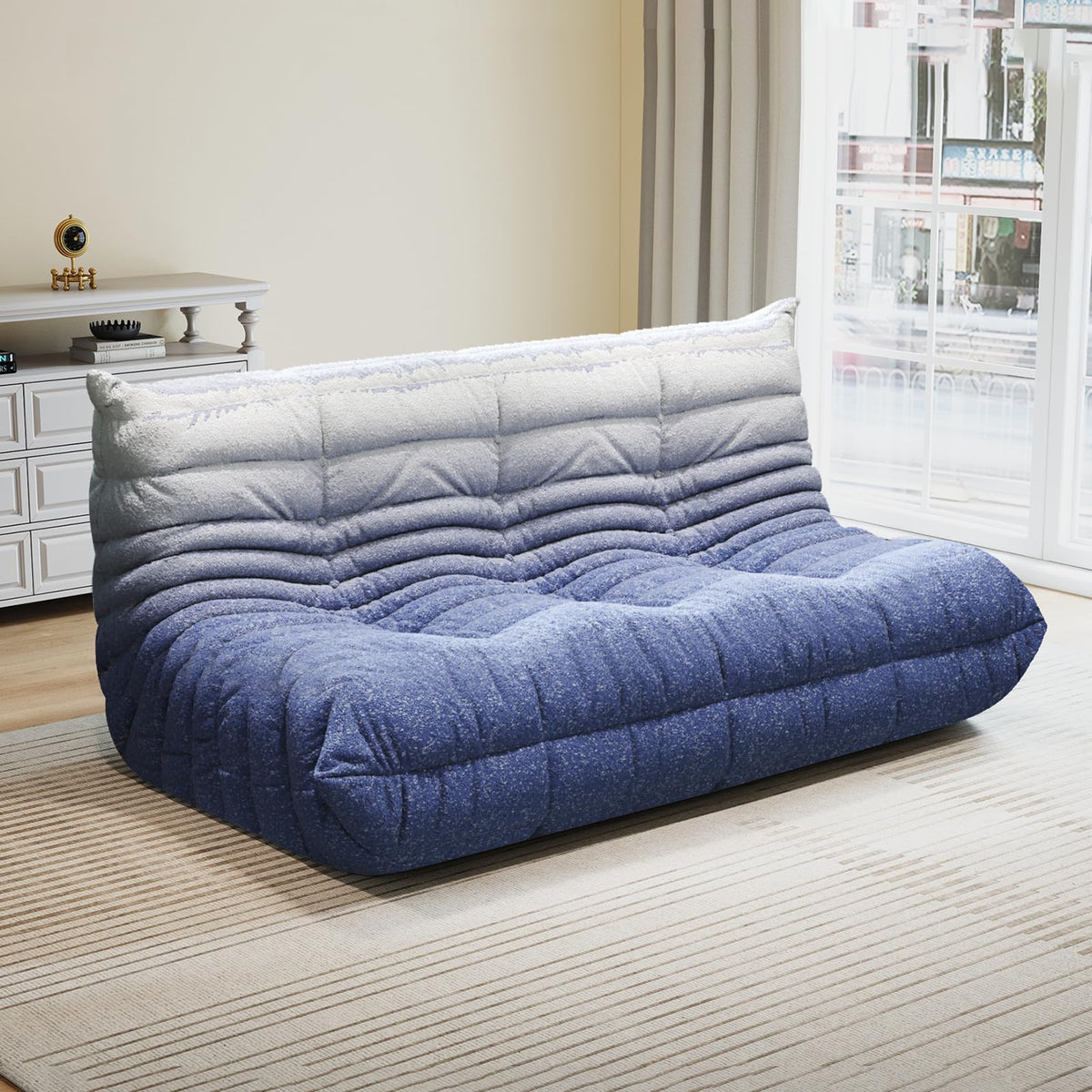 Selyteramy 3 Seat Oversized Bean Bag Chairs for Adults, Memory Foam Fireside Beanbag Couch, Comfy Bean Bag Lounger Lazy Sofa for Living Room, Bedroom, Playroom, White + Blue