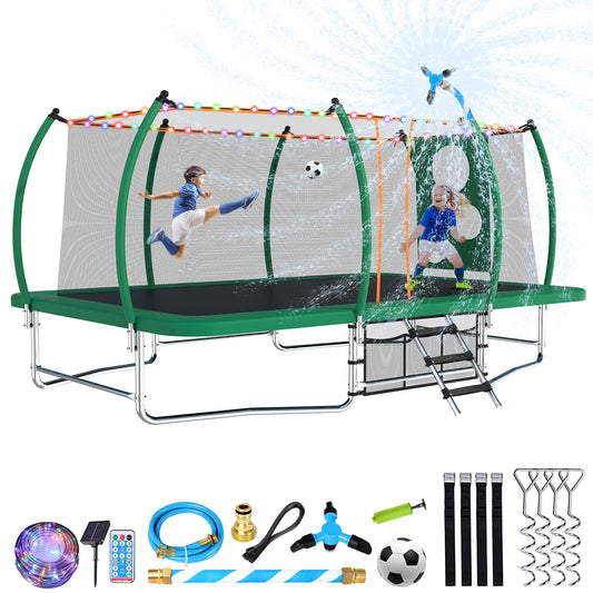 Lyromix 16FT Outdoor Rectangle Trampoline for Kids and Adults, Rectangular Trampoline with Curved Poles, Pumpkin Trampolin with Light, Sprinkler, Soccer and Storage Bag