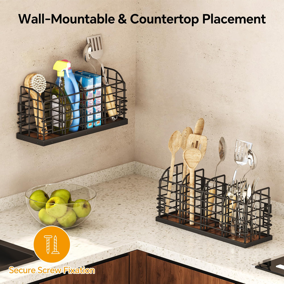 Large Utensil Holder for Kitchen Counter, Wall Mounted Cooking Utensil Holder with 4 Adjustable Compartments, Countertop Caddy, Kitchen Organizer for Countertop, Pantry, Party, Rustic Black and Brown