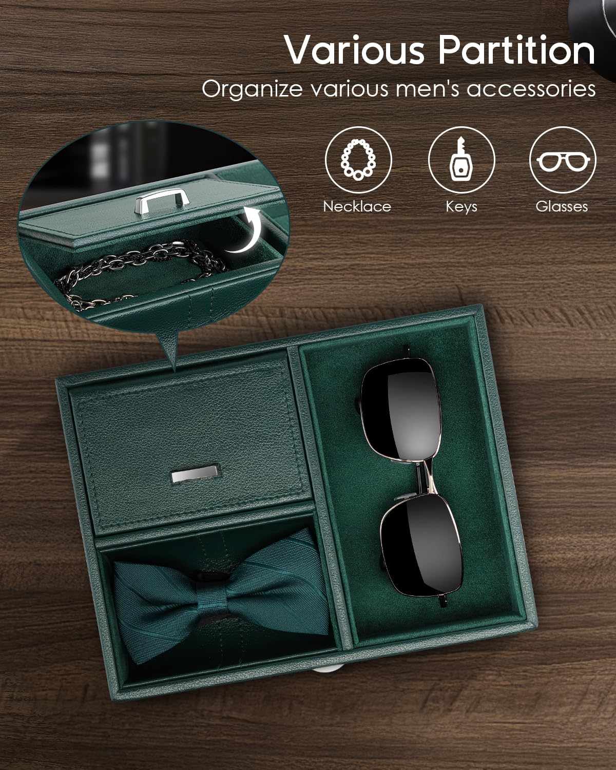 Vlando Automatic Double Watch Winder - Watch Winder Box with Men Jewelry Organizer Tray, Japanese Quiet Motor, LED Light, Adjustable Watch Pillows - Green